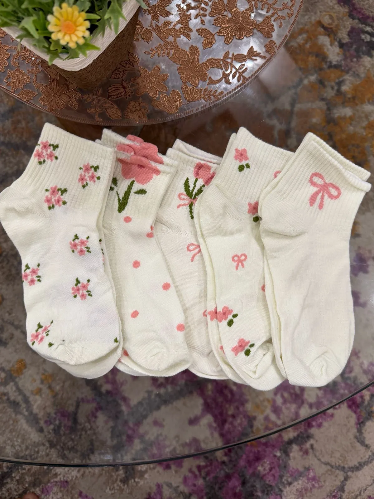 Sweet Bloom crew socks all 5 designs fanned out